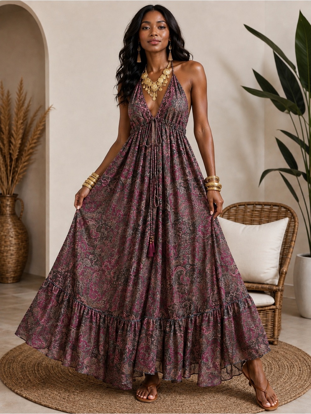 Made in India silk blend Deep V Halter Maxi Dress in Plum Paisley